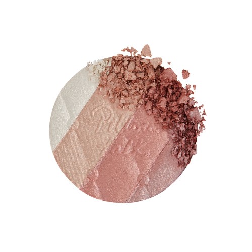 Swatch of a pressed powder highlighter compact in various shades of pink and gold for cool-tone complexions. 