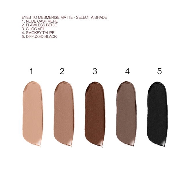 Swatches of five cream eyeshadows with a matte finish in soft cashmere, light grey-brown, chocolate brown, smokey taupe, and jet black.