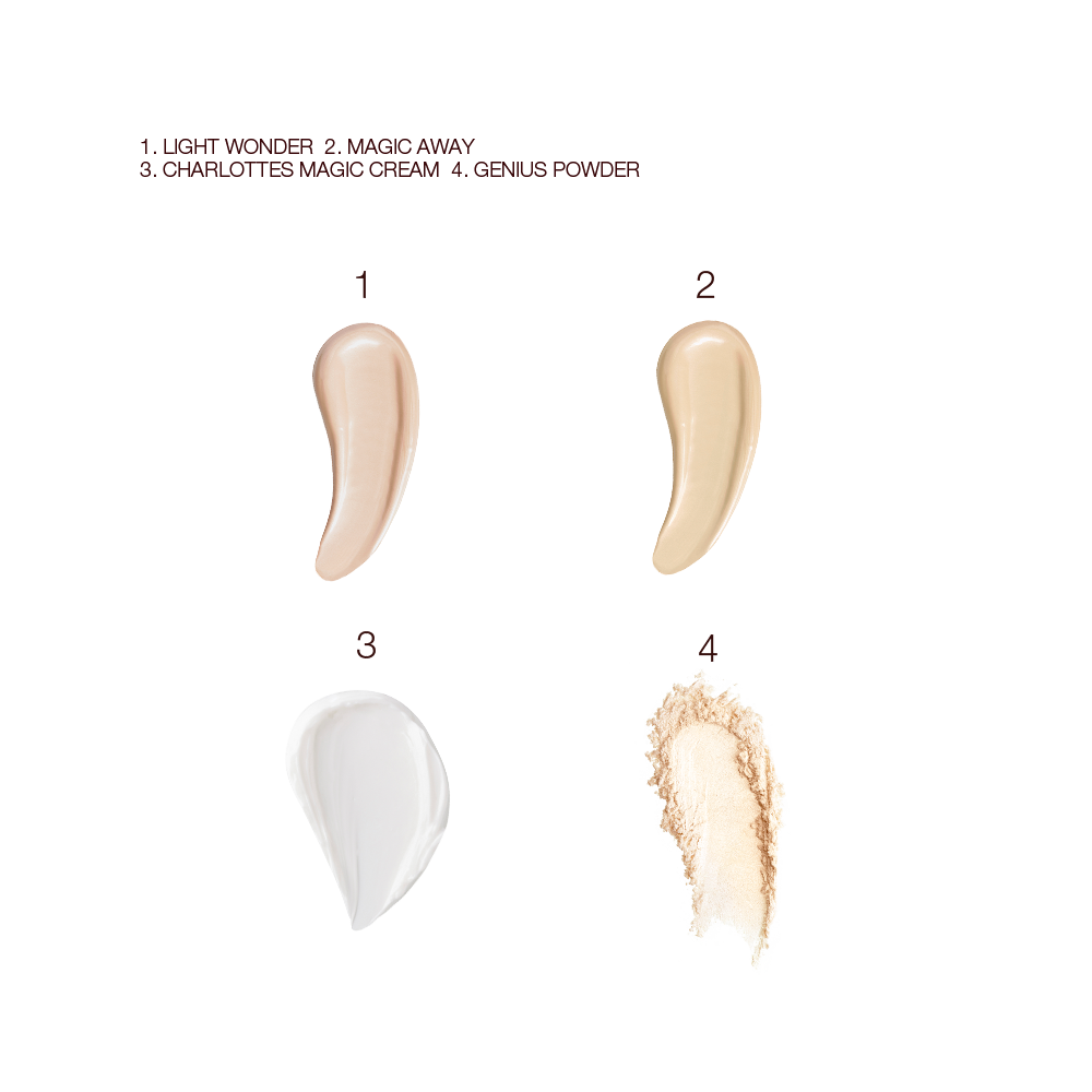 Swatches of a glowy face primer, creamy concealer, pearly-white face cream, and light yellow face setting powder. 