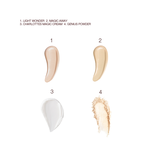 Swatches of a glowy face primer, creamy concealer, pearly-white face cream, and light yellow face setting powder. 