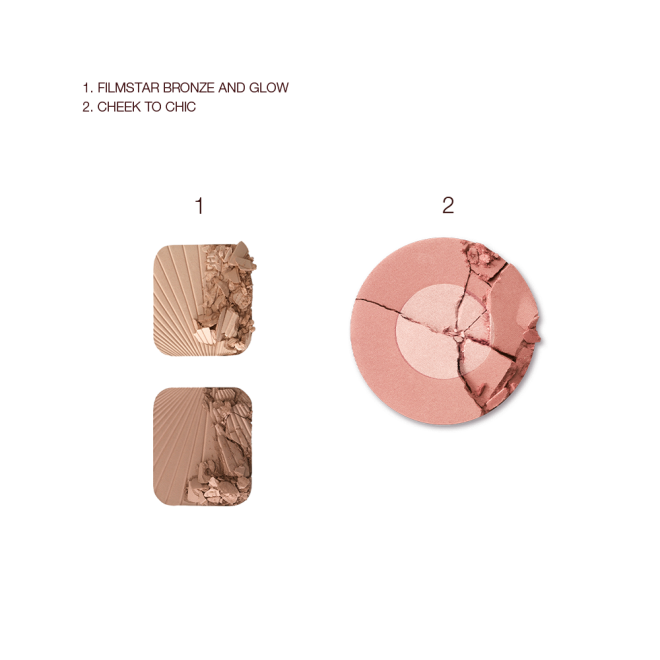 Swatches of two contouring powders for medium skin tone and a two-tone blush in a shimmery rose-gold shade. 