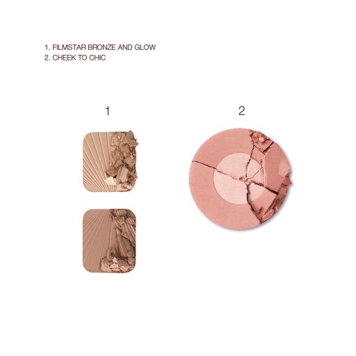 Swatches of two contouring powders for medium skin tone and a two-tone blush in a shimmery rose-gold shade. 