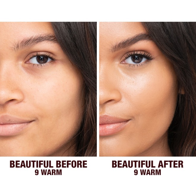 Before and after shots of a deep-tone model without any makeup and then wearing glowy, flawless skin, wearing skin-like foundation that adds a youthful glow and looks natural along with nude pink lipstick and subtle everyday eye makeup.
