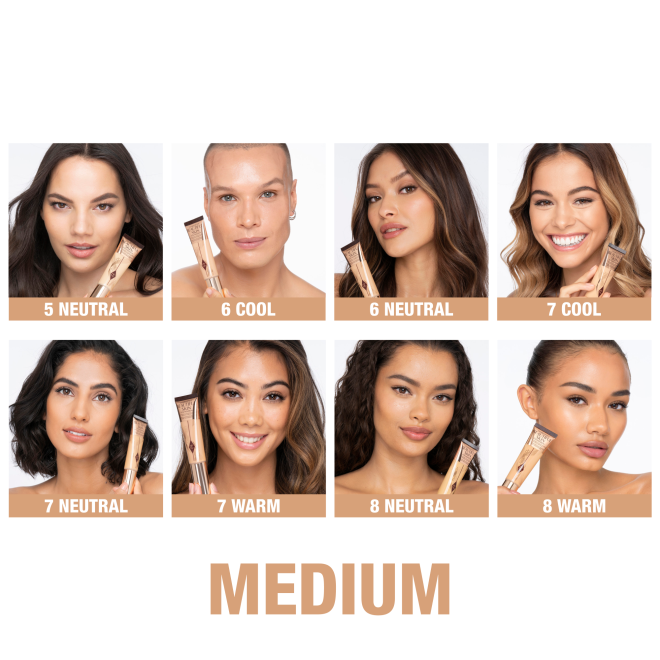 Banner with a collage of seven different models with a medium skin tone and neutral, warm, and cool undertones, wearing glowy, luminous foundation in a range of light medium to dark medium skin tones to help customers identify their closest foundation shade match.