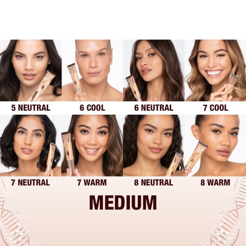 Banner with a collage of seven different models with a medium skin tone and neutral, warm, and cool undertones, wearing glowy, luminous foundation in a range of light medium to dark medium skin tones to help customers identify their closest foundation shade match.