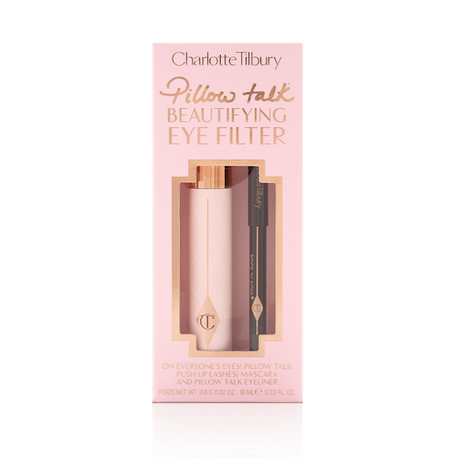 Pillow Talk Beautifying Eye Filter packed Black mascara in a sheer pink tube with a gold-coloured lid and eyeliner pencil in a brown shade in a pink-coloured box with the text, 'Pillow Talk Beautifying Eye Filter' written on it.