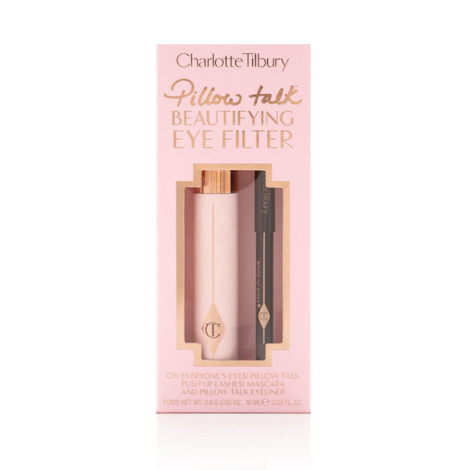 Black mascara in a sheer pink tube with a gold-coloured lid and eyeliner pencil in a brown shade in a pink-coloured box with the text, 'Pillow Talk Beautifying Eye Filter' written on it.