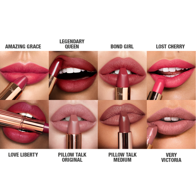 Lips close-up of eight models wearing and applying matte lipstick in shades of red, fuchsia, plum, pink, brown, and maroon.