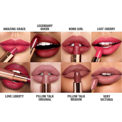 Lips close-up of eight models wearing and applying matte lipstick in shades of red, fuchsia, plum, pink, brown, and maroon.