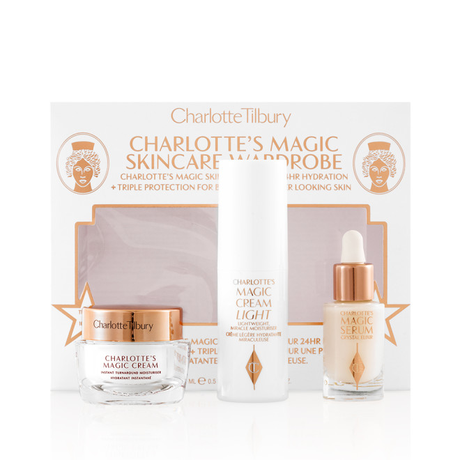 Travel-size pearly-white cream in a glass jar with a gold-coloured lid, luminous serum in a glass bottle with a white and gold dropper lid, and face cream in a white-coloured bottle with their packaging box.