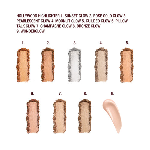 Swatches of eight powder highlighters in shades of gold, brown, peach, and silver and a glowy liquid primer in a rose gold shade.