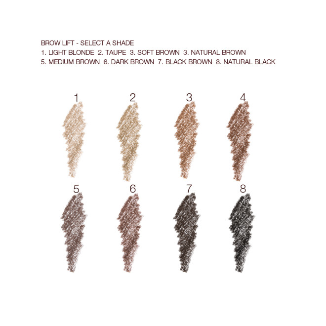 Swatches of eight eyebrow pencils in shades of  light blonde, taupe, soft brown, natural brown, medium brown, dark brown, black brown, dark brown, and jet black.