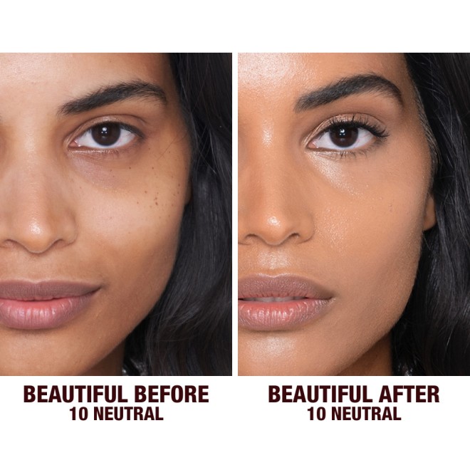 Before and after shots of a deep-tone model without any makeup and then wearing glowy, flawless skin, wearing skin-like foundation that adds a youthful glow and looks natural along with nude pink lipstick and subtle everyday eye makeup.