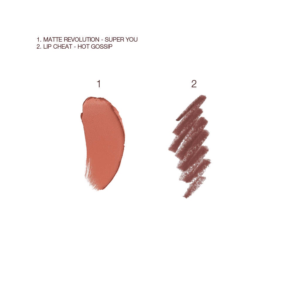 Swatches of a matte lipstick and lip liner pencil in a warm, peachy-nude shade.