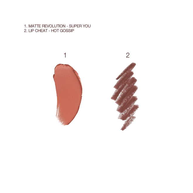 Swatches of a matte lipstick and lip liner pencil in a warm, peachy-nude shade.