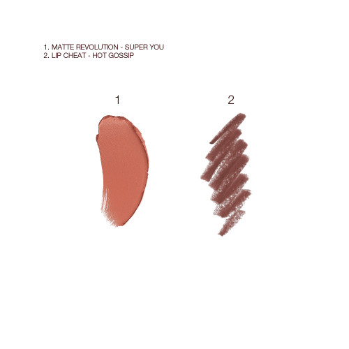 Swatches of a matte lipstick and lip liner pencil in a warm, peachy-nude shade.