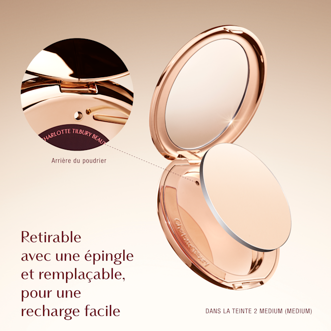 Airbrush Flawless Setting Powder Refill Infographic Charlotte Tilbury Beauty compact with instructions to pop out with a pin and swap for easy refill, featuring shade 2 medium.