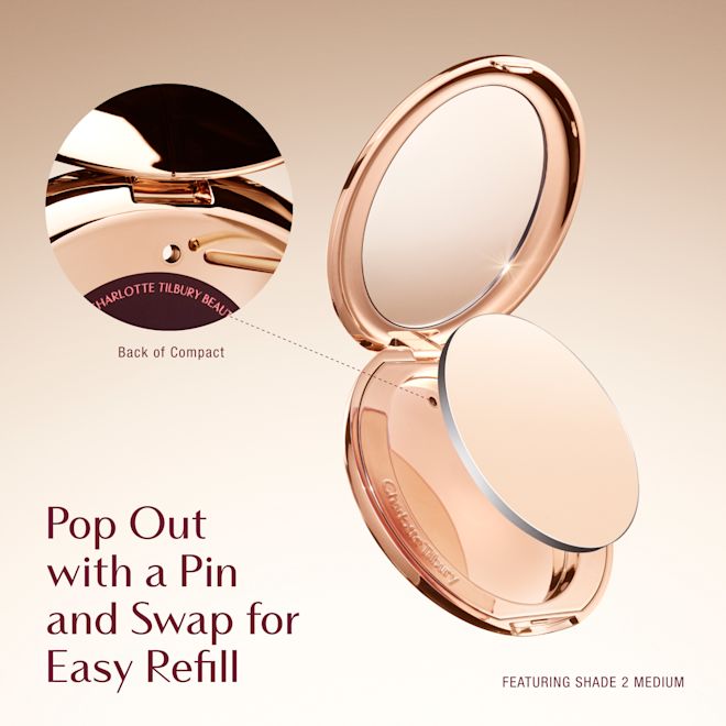 Airbrush Flawless Setting Powder Refill Infographic Charlotte Tilbury Beauty compact with instructions to pop out with a pin and swap for easy refill, featuring shade 2 medium.