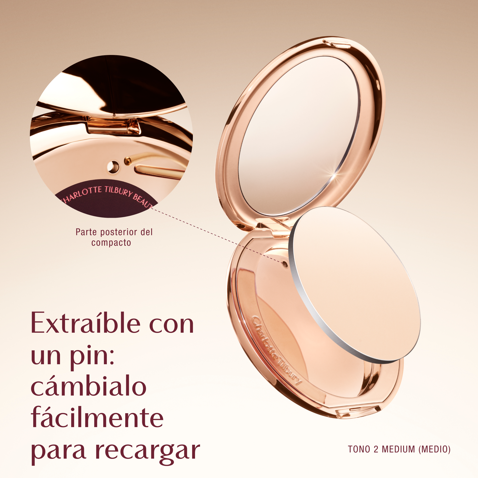 Charlotte Tilbury Beauty compact with instructions to pop out with a pin and swap for easy refill, featuring shade 2 medium.