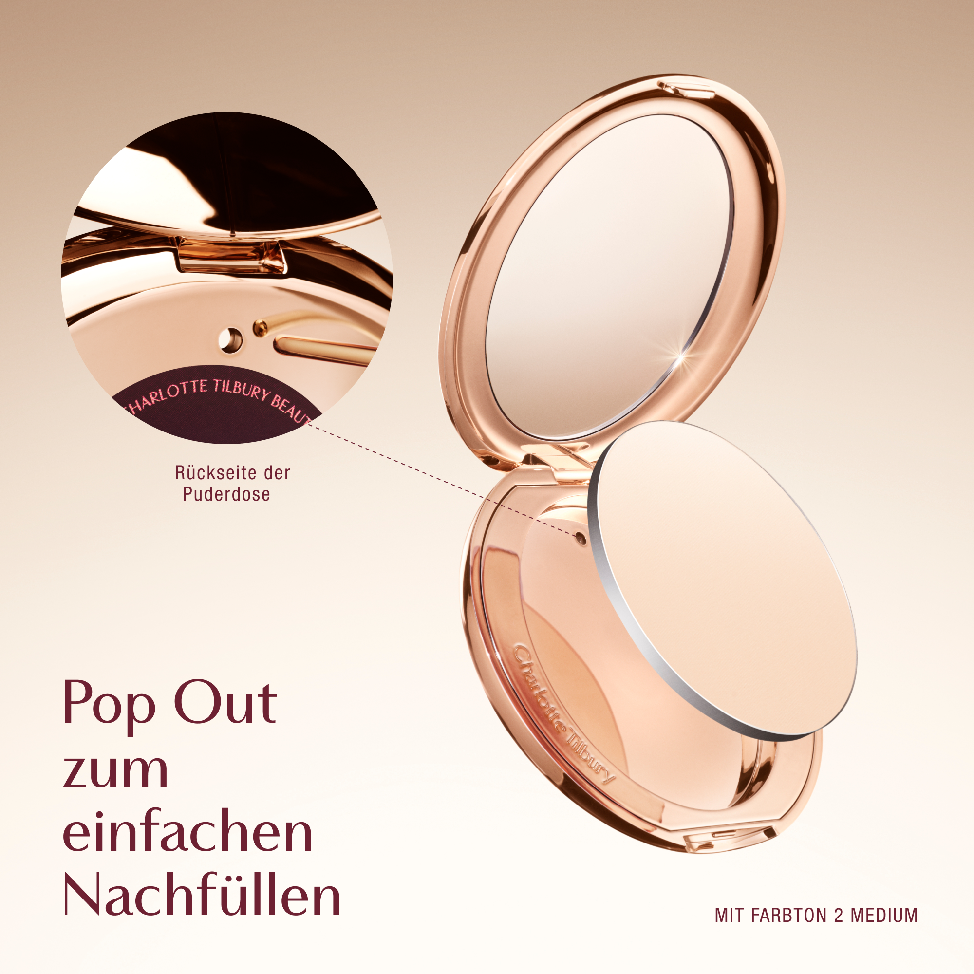 Charlotte Tilbury Beauty compact with instructions to pop out with a pin and swap for easy refill, featuring shade 2 medium.