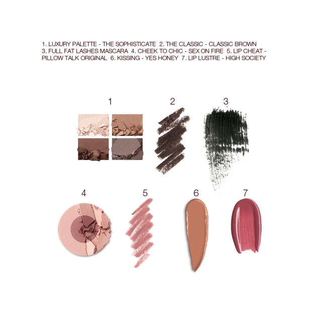 Swatches of a quad eyeshadow palette in shades of brown, grey, and gold, brown eyeliner, black mascara, two-tone blush in medium brown and dusty pink, lip liner in nude pink, lipstick in medium-brown, and lip gloss in berry-pink. 