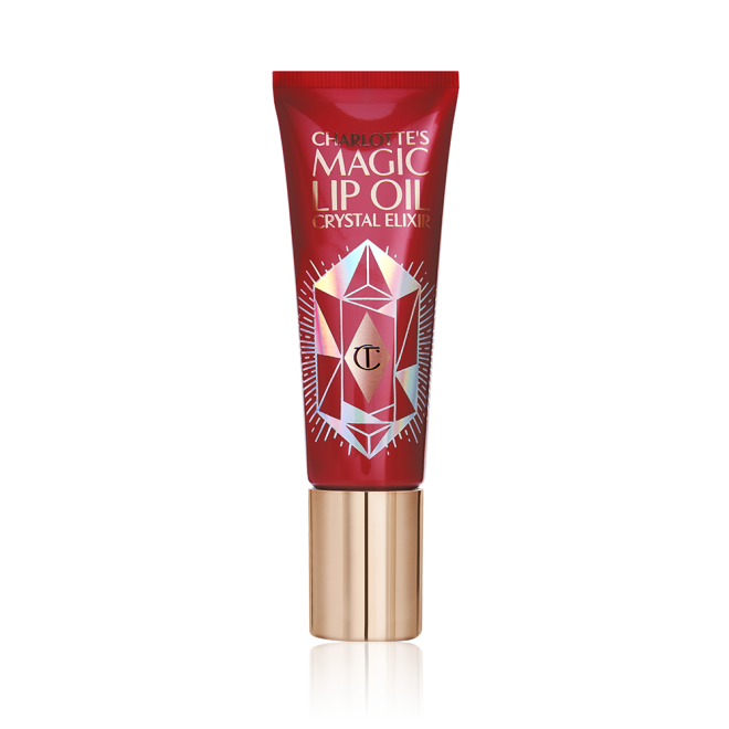 Berry-pink-coloured lip oil tube with a gold-coloured lid.