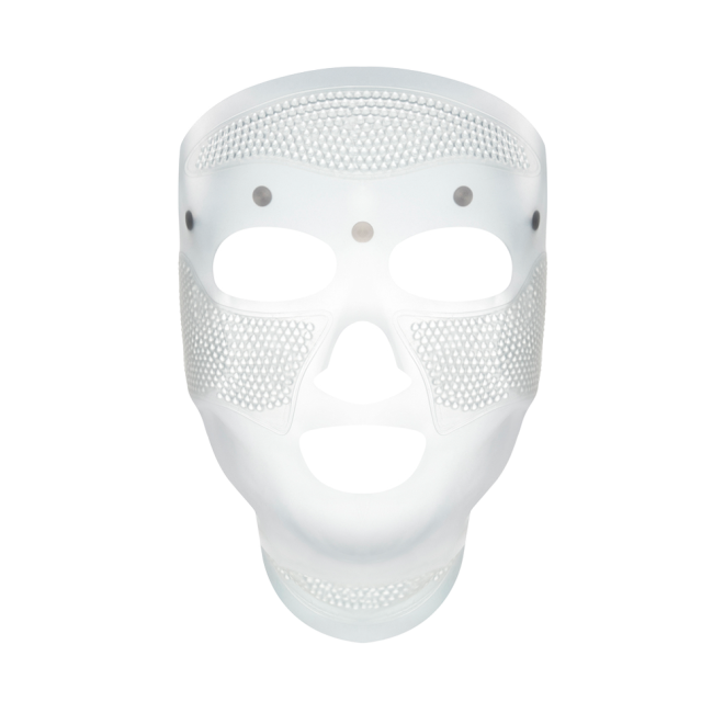 A white-coloured face mask with small holes all over the forehead and cheeks area for pores, and large eye, nose, and mouth holes so the mask can comfortably sit on any face size or shape. 