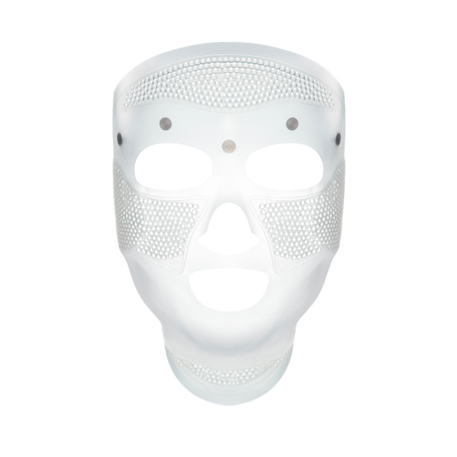 Cryo-Recovery Mask displayed A white-coloured face mask with small holes all over the forehead and cheeks area for pores, and large eye, nose, and mouth holes so the mask can comfortably sit on any face size or shape.