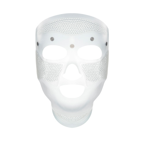 A white-coloured face mask with small holes all over the forehead and cheeks area for pores, and large eye, nose, and mouth holes so the mask can comfortably sit on any face size or shape. 