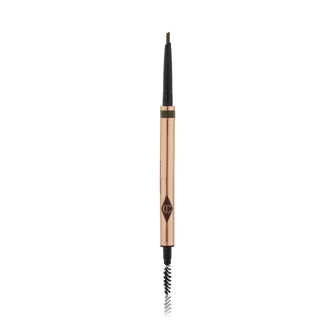 A double-ended eyebrow pencil and spoolie brush duo in a brown shade with gold-coloured packaging.