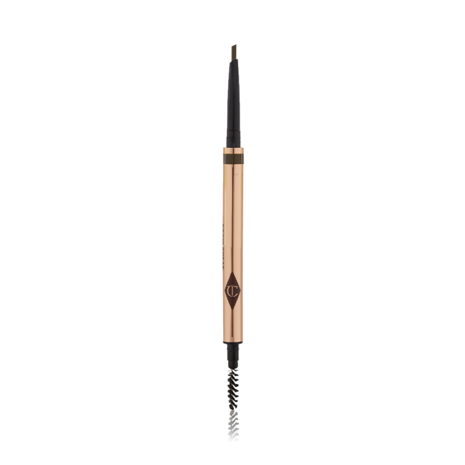 A double-ended eyebrow pencil and spoolie brush duo in a brown shade with gold-coloured packaging.