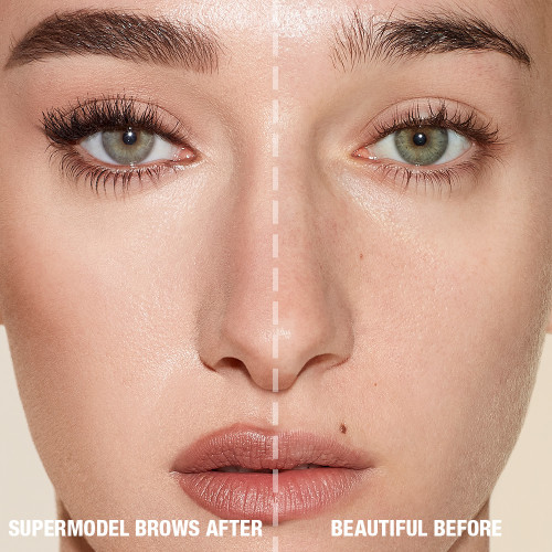 Before and after of a fair-tone model with green eyes with bare brows on one side and thick, filled, and lined eyebrows on the other side after applying a natural-brown-coloured eyebrow pencil.
