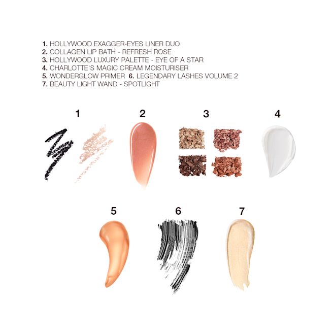 Charlotte's Hollywood Makeup Look swatches Swatches of a double-ended eyeliner pencil in black and nude beige colours, high-shine lip gloss in a peachy-rose colour, quad eyeshadow palette with gold and brown shades, glowy, pearly-white face cream, liquid highlighter wand in rose gold, black mascara, and luminous primer.