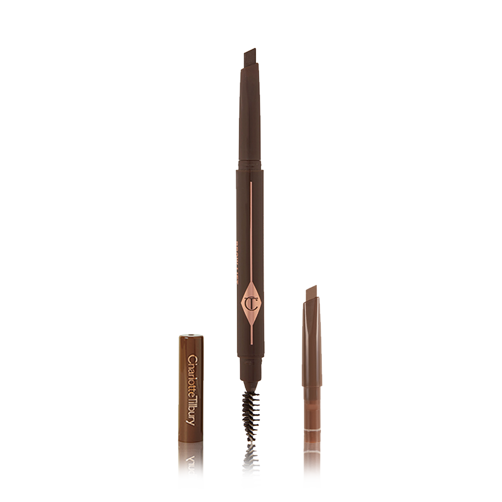 A double-ended eyebrow pencil and spoolie brush duo in a black brown shade with black-brown-coloured packaging and the refill besides it.