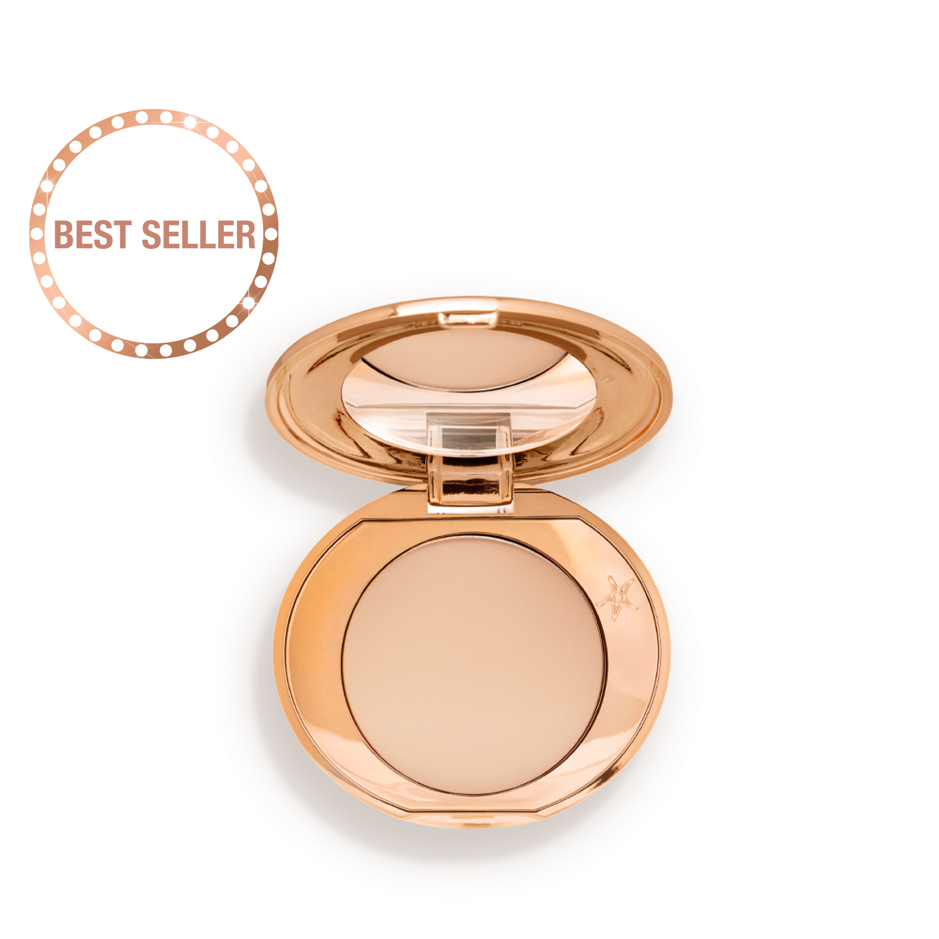 An open, mirrored-lid, mini, pressed powder compact in a light beige shade. 