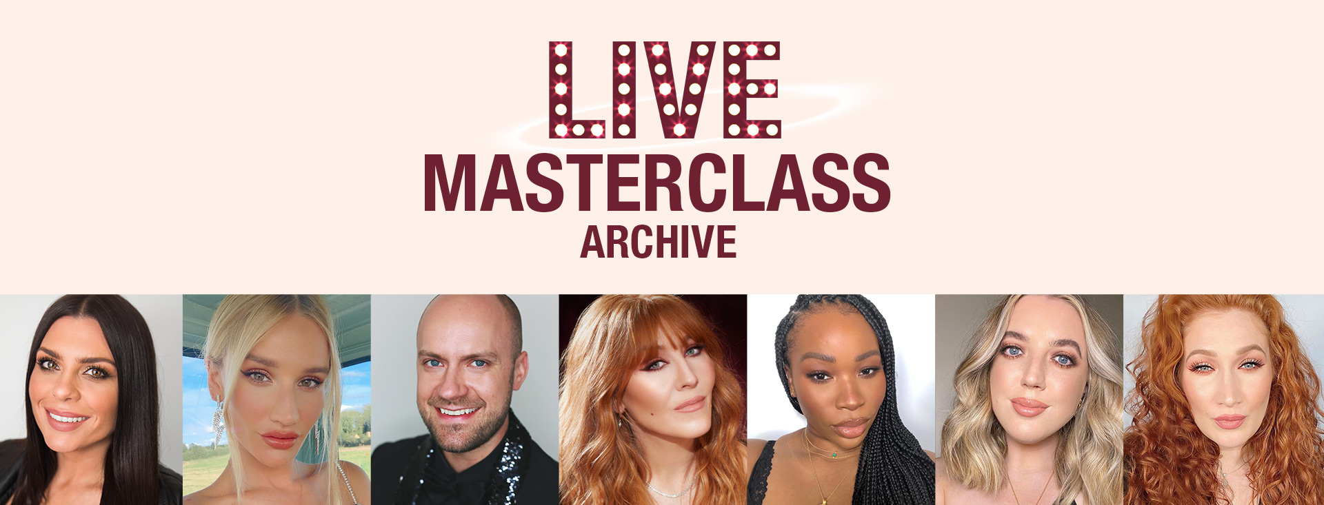 Peach-coloured banner with the text, 'live masterclass archive' written on it.