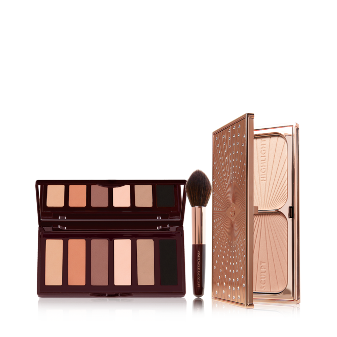 An open 6-pan matte eyeshadow palette with nude brown, peach, beige, and black shades, a contouring and bronzing fluffy brush, and a duo contour palette in sleek gold-coloured packaging.