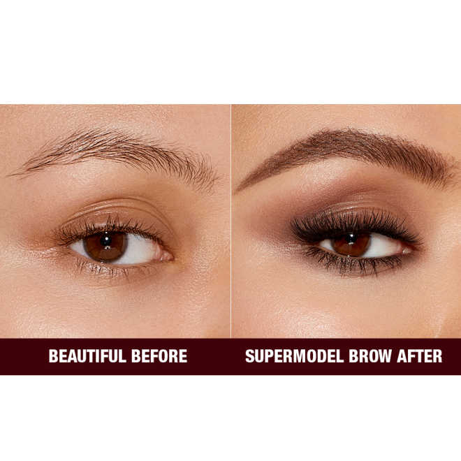 Before and after of a light-tone model with brown eyes with bare brows on one side and thick, filled, and lined eyebrows on the other side after applying a medium-brown-coloured eyebrow pencil.