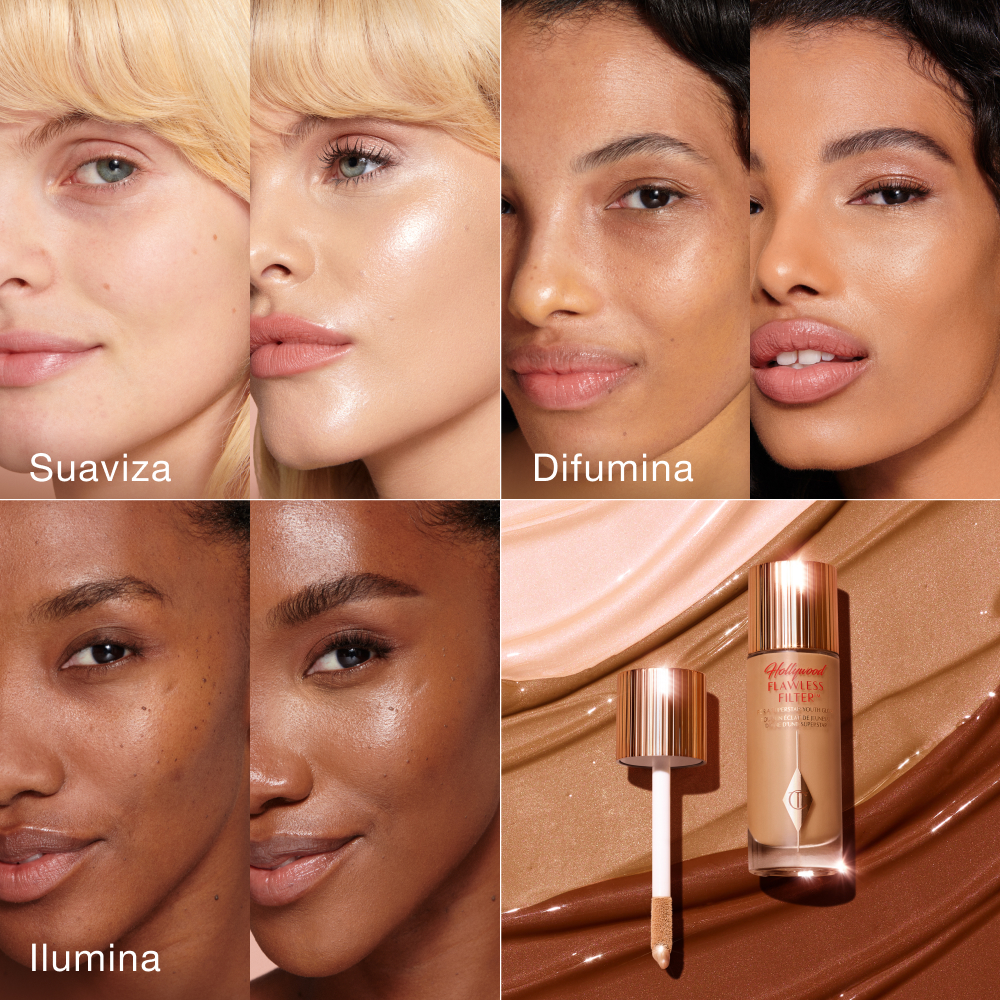 Collage of six images showing before-and-after effects of Charlotte Tilbury complexion product labeled Smoothing, Blurring, and Illuminating, with a bottle and applicator wand displayed among various product shades.