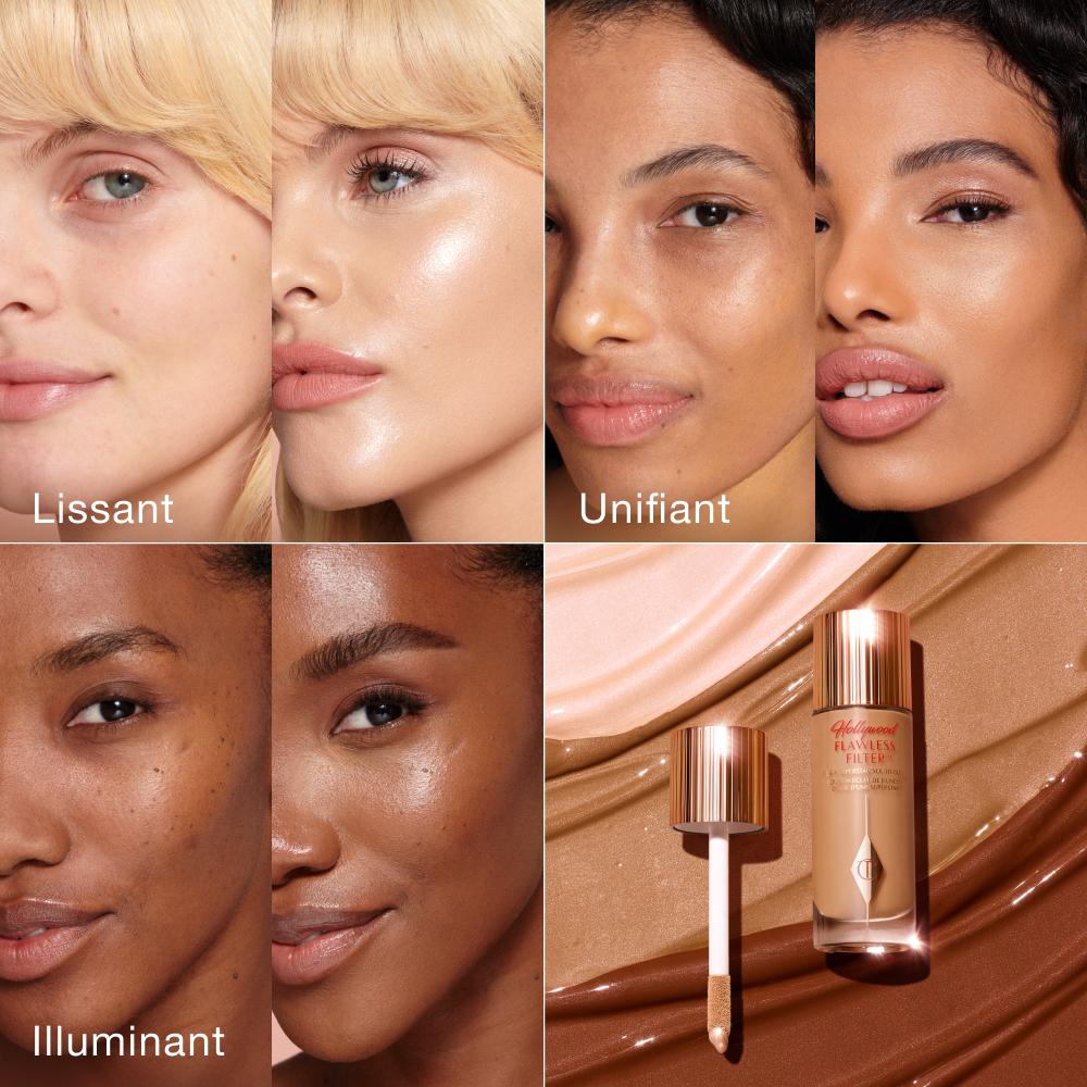 Collage of six images showing before-and-after effects of Charlotte Tilbury complexion product labeled Smoothing, Blurring, and Illuminating, with a bottle and applicator wand displayed among various product shades.