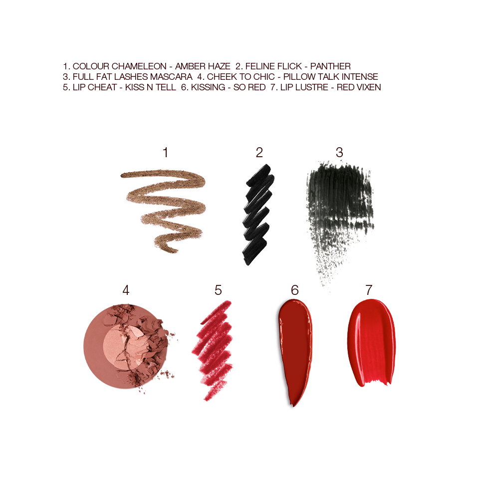 Swatches of eyeshadow in bronze, black eyeliner, black mascara, two-tone blush in light pink and warm brown, lip liner in bright red, lipstick in maroon, and lip gloss in bright red. 