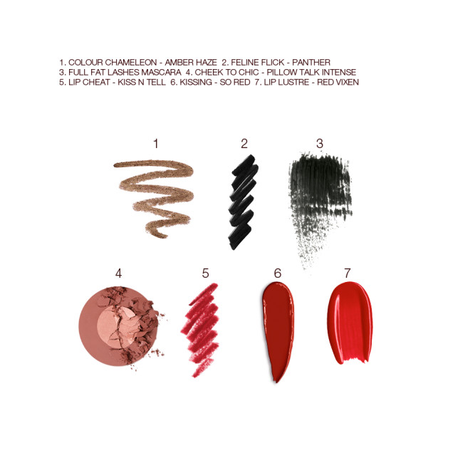 Swatches of eyeshadow in bronze, black eyeliner, black mascara, two-tone blush in light pink and warm brown, lip liner in bright red, lipstick in maroon, and lip gloss in bright red. 