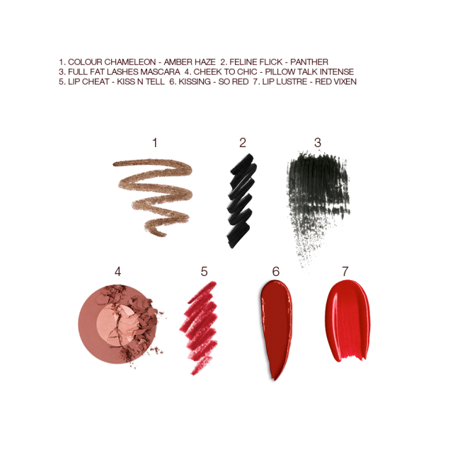 Swatches of eyeshadow in bronze, black eyeliner, black mascara, two-tone blush in light pink and warm brown, lip liner in bright red, lipstick in maroon, and lip gloss in bright red. 