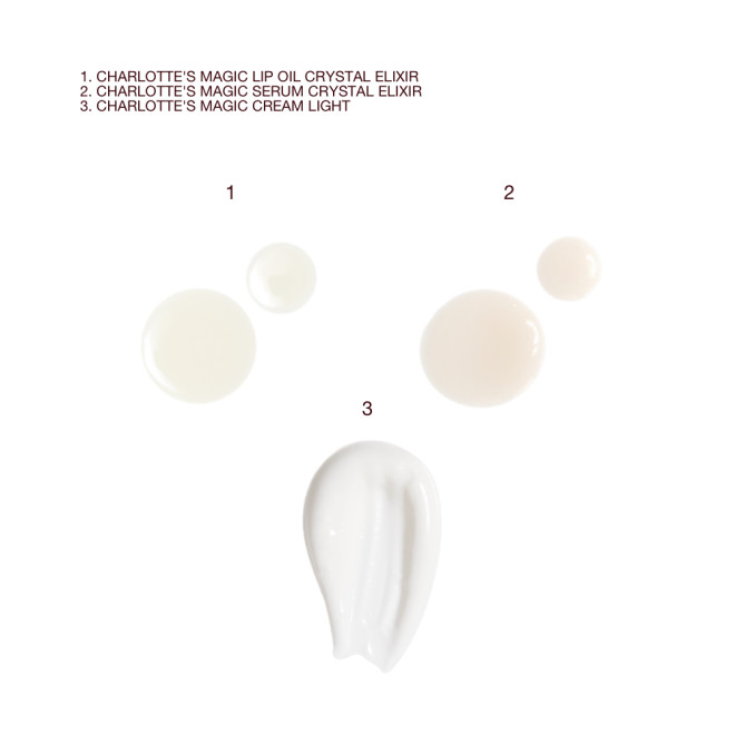 Swatches of cream-coloured lip oil, luminous ivory-coloured facial serum, and pearly-white face cream.