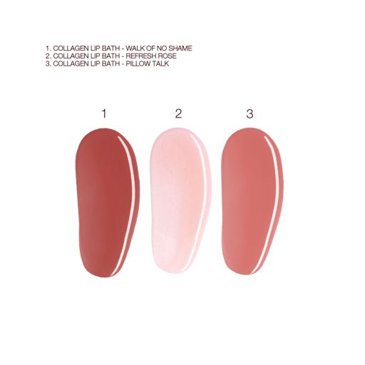 Swatches of three lip glosses in shades of berry-pink, sheer pink, and nude pink.