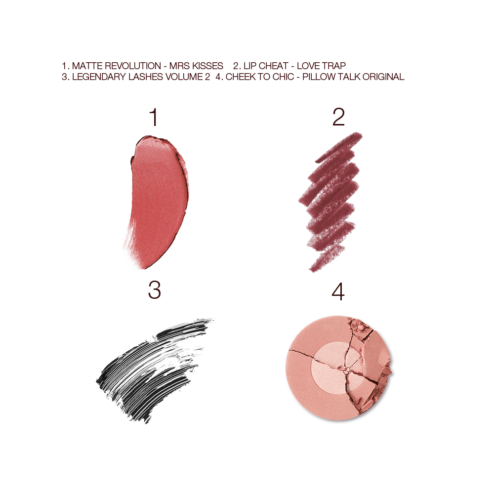 Swatches of a warm pink matte lipstick, a dark-pink lip liner, black mascara, and two-tone powder blush in nude pink. 