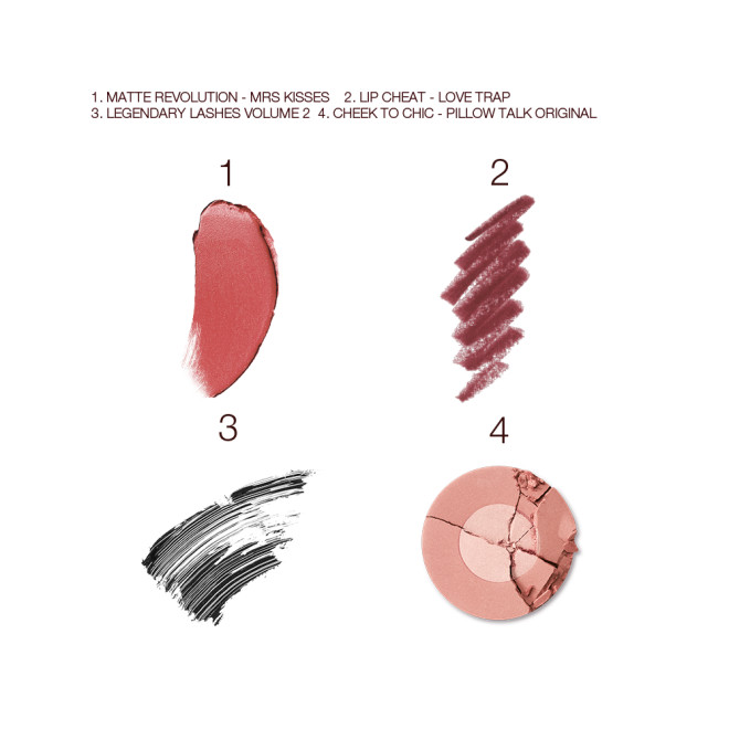 Swatches of a warm pink matte lipstick, a dark-pink lip liner, black mascara, and two-tone powder blush in nude pink. 