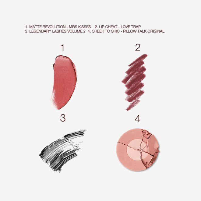 Mrs Kisses Bundle swatches Swatches of a warm pink matte lipstick, a dark-pink lip liner, black mascara, and two-tone powder blush in nude pink.