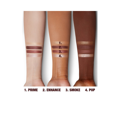 Arm swatches of four matte and shimmery eyeshadows in purple, nude, and golden colours on fair, tan, and deep skin. 