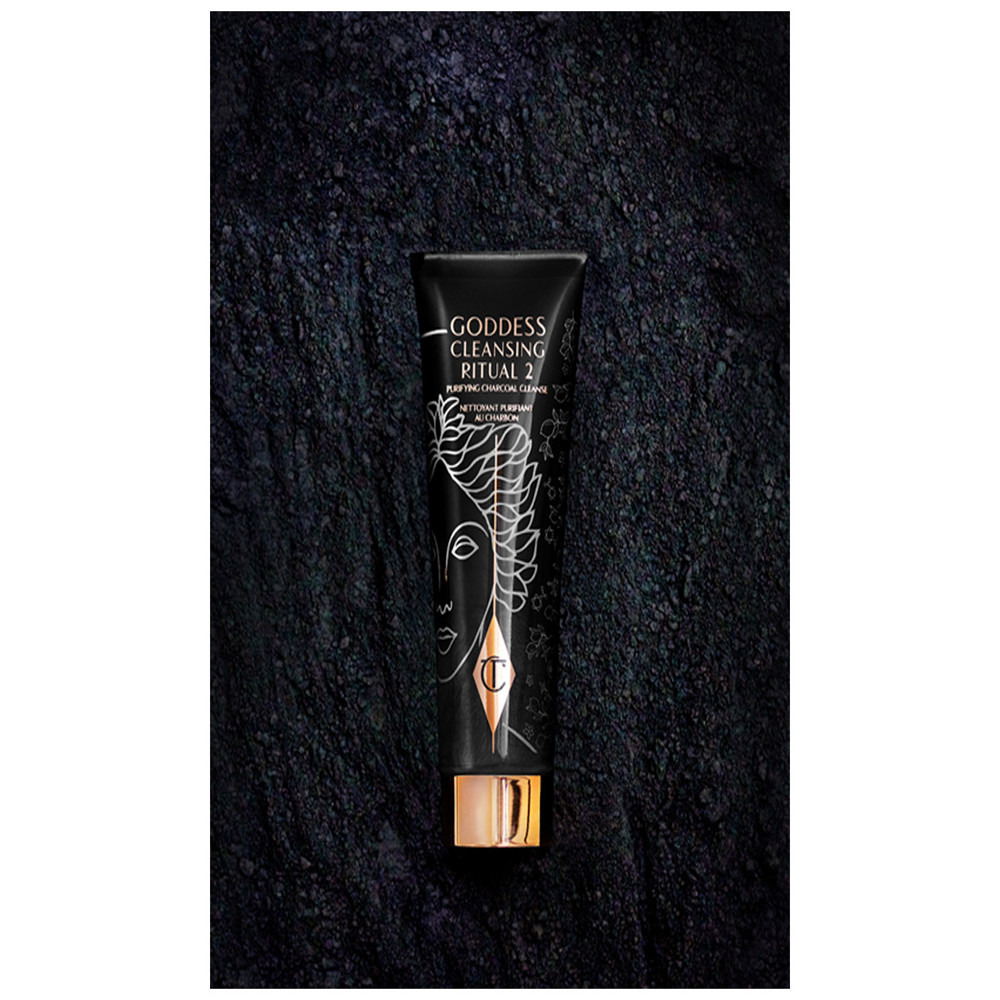 A charcoal wash-off mask cleanser in black and rose gold packaging. 